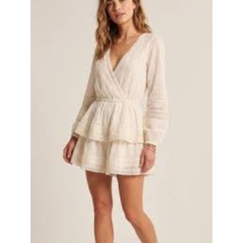 American Eagle Boho Dress Cream Lace Tiered Long Sleeve Surplice Mini V-Neck